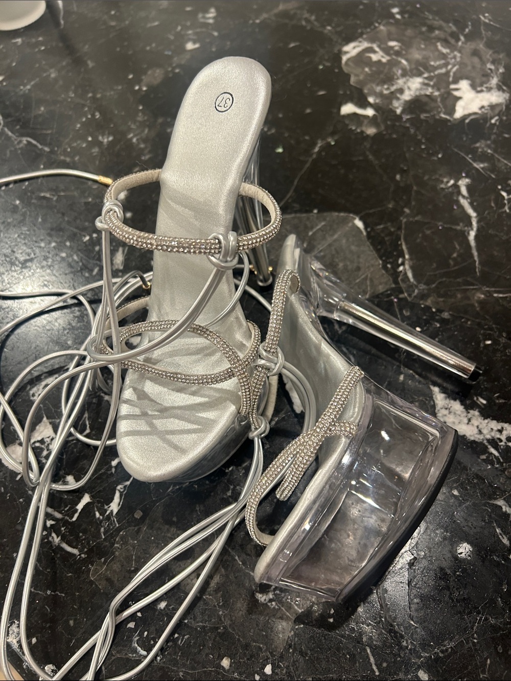 Silver Strappy Crystal Lace-Up Heeled Sandals